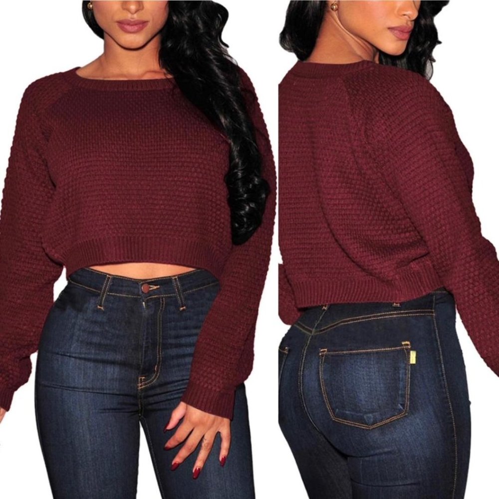 Wine Colored Knit Crop Sweater, New With Tags, Size Medium, Long Sleeve Sweater